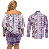 Hawaii Makahiki Turtle Couples Matching Off Shoulder Short Dress and Long Sleeve Button Shirt Violet Tapa Pattern LT05 - Polynesian Pride