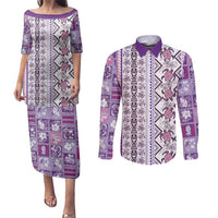 Hawaii Makahiki Turtle Couples Matching Puletasi and Long Sleeve Button Shirt Violet Tapa Pattern LT05 Violet - Polynesian Pride