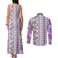 Hawaii Makahiki Turtle Couples Matching Tank Maxi Dress and Long Sleeve Button Shirt Violet Tapa Pattern LT05 - Polynesian Pride