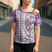 Hawaii Makahiki Turtle Cross Shoulder Shirt Violet Tapa Pattern LT05 - Polynesian Pride