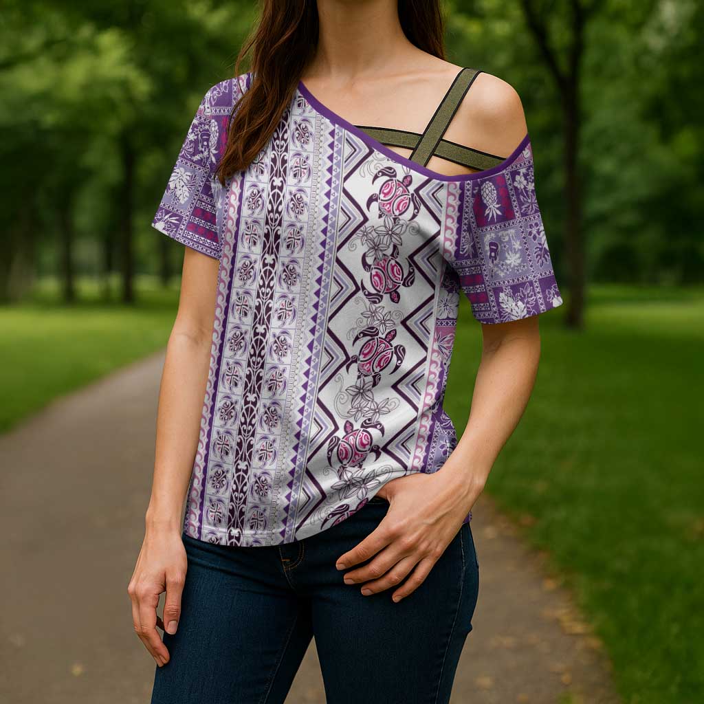 Hawaii Makahiki Turtle Cross Shoulder Shirt Violet Tapa Pattern LT05 - Polynesian Pride