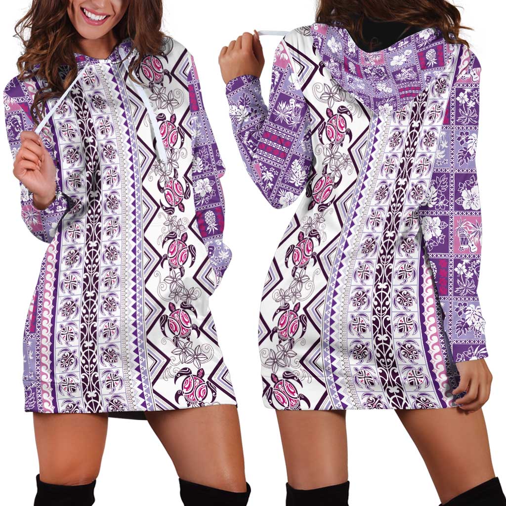 Hawaii Makahiki Turtle Hoodie Dress Violet Tapa Pattern LT05 - Polynesian Pride