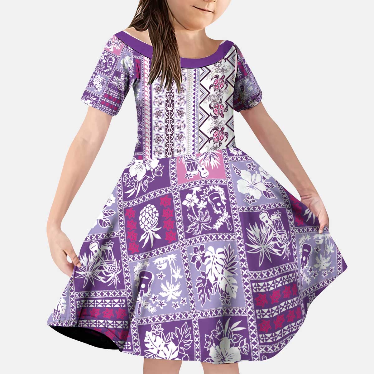 Hawaii Makahiki Turtle Kid Short Sleeve Dress Violet Tapa Pattern LT05 KID Violet - Polynesian Pride