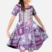 Hawaii Makahiki Turtle Kid Short Sleeve Dress Violet Tapa Pattern LT05 KID Violet - Polynesian Pride