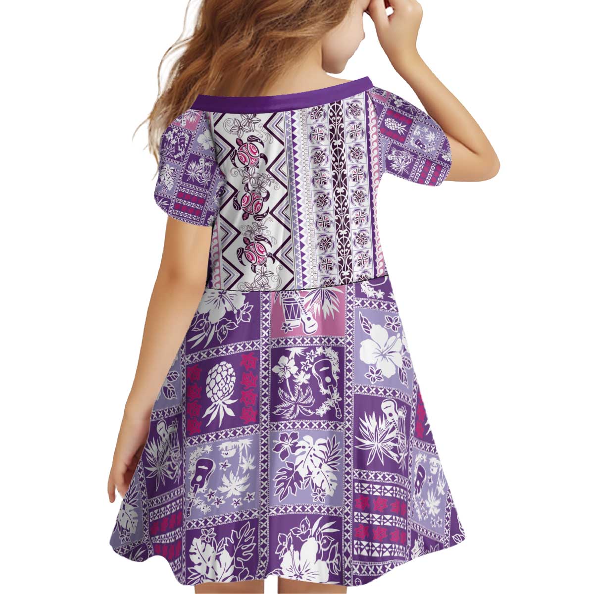 Hawaii Makahiki Turtle Kid Short Sleeve Dress Violet Tapa Pattern LT05 - Polynesian Pride