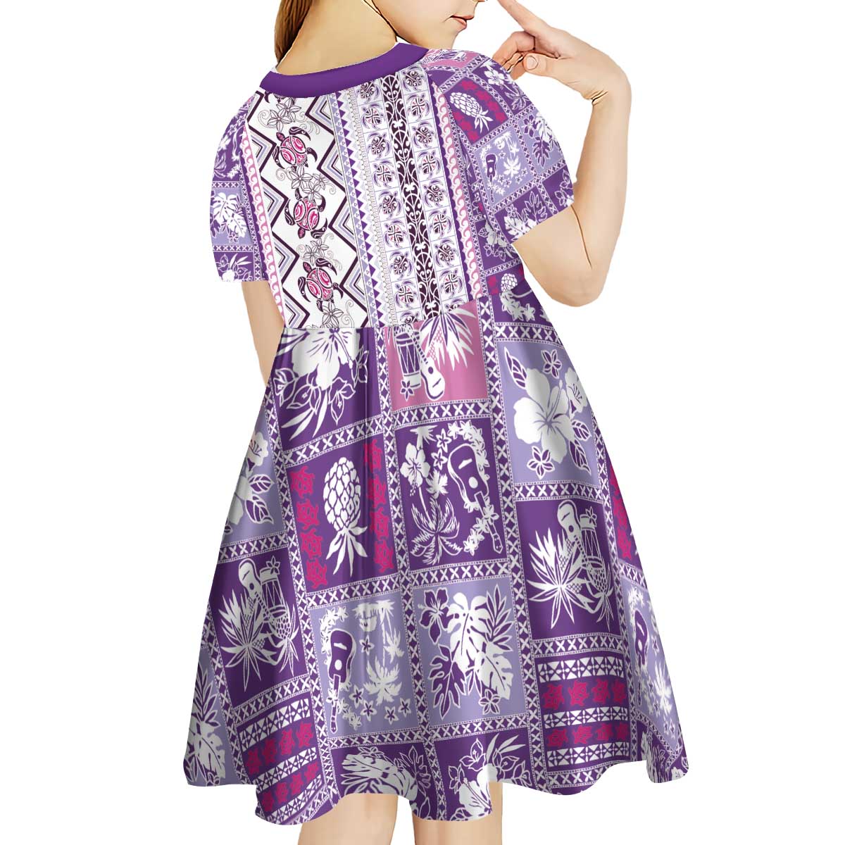 Hawaii Makahiki Turtle Kid Short Sleeve Dress Violet Tapa Pattern LT05 - Polynesian Pride