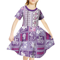 Hawaii Makahiki Turtle Kid Short Sleeve Dress Violet Tapa Pattern LT05 - Polynesian Pride
