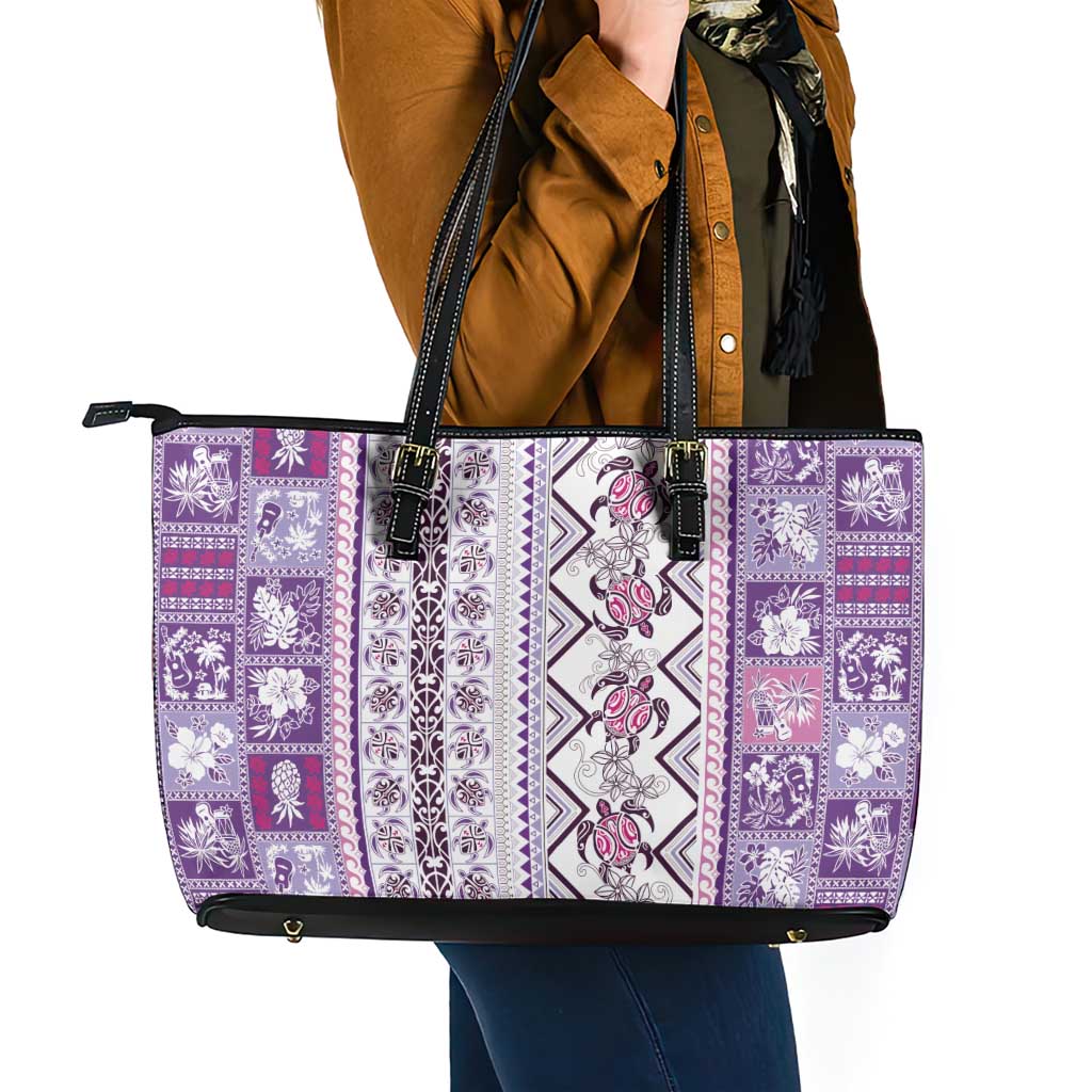 Hawaii Makahiki Turtle Leather Tote Bag Violet Tapa Pattern LT05 - Polynesian Pride