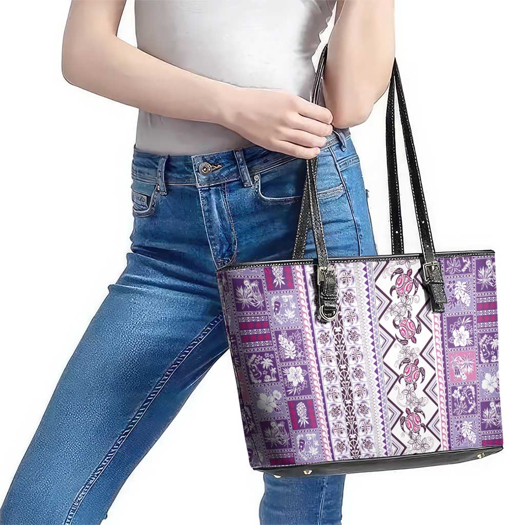 Hawaii Makahiki Turtle Leather Tote Bag Violet Tapa Pattern LT05 - Polynesian Pride