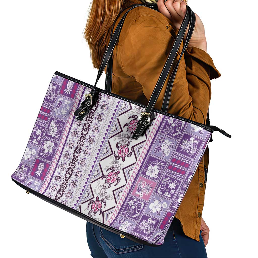 Hawaii Makahiki Turtle Leather Tote Bag Violet Tapa Pattern LT05 - Polynesian Pride