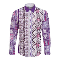 Hawaii Makahiki Turtle Long Sleeve Button Shirt Violet Tapa Pattern LT05 Unisex Violet - Polynesian Pride