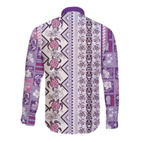 Hawaii Makahiki Turtle Long Sleeve Button Shirt Violet Tapa Pattern LT05 - Polynesian Pride