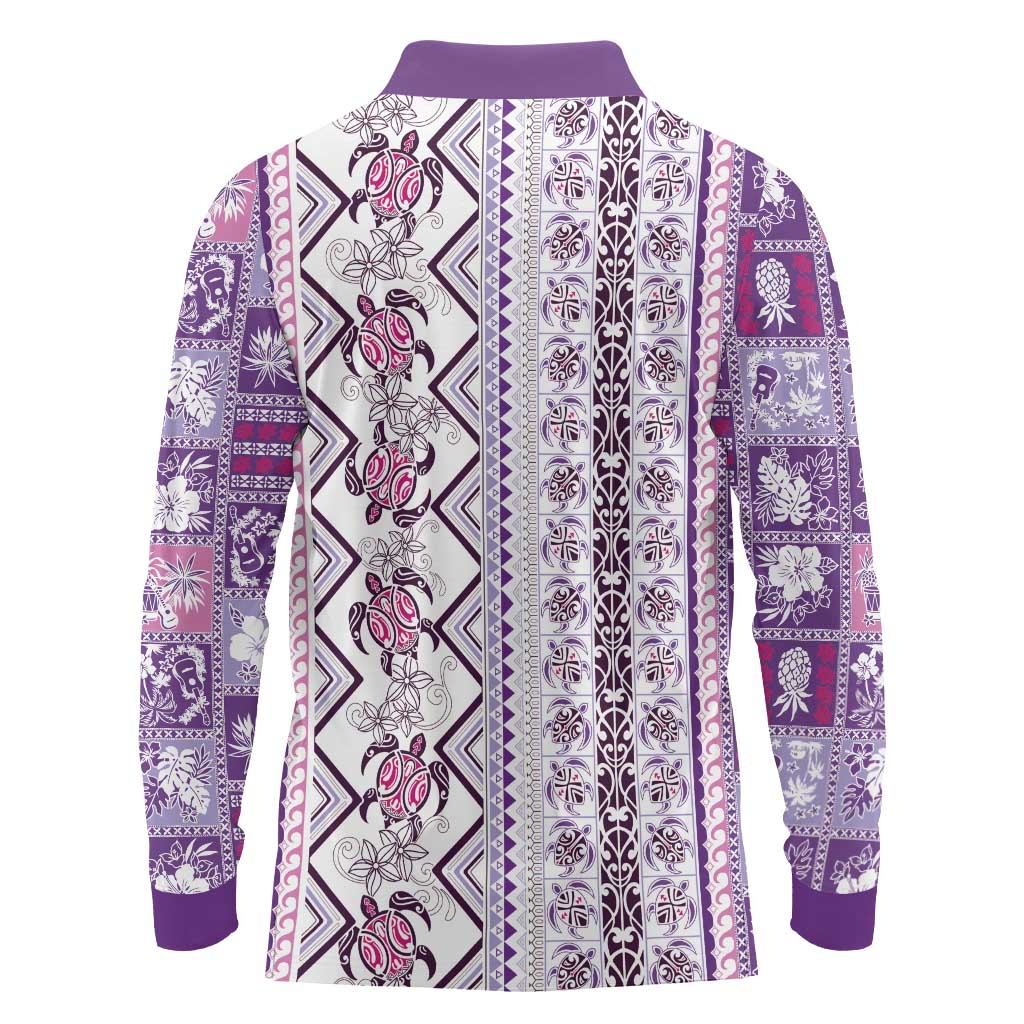 Hawaii Makahiki Turtle Long Sleeve Polo Shirt Violet Tapa Pattern LT05 - Polynesian Pride