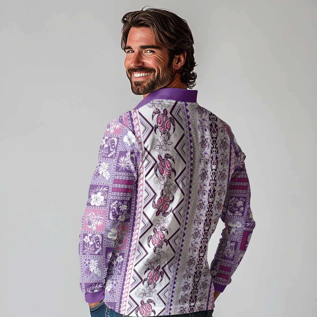 Hawaii Makahiki Turtle Long Sleeve Polo Shirt Violet Tapa Pattern LT05 - Polynesian Pride