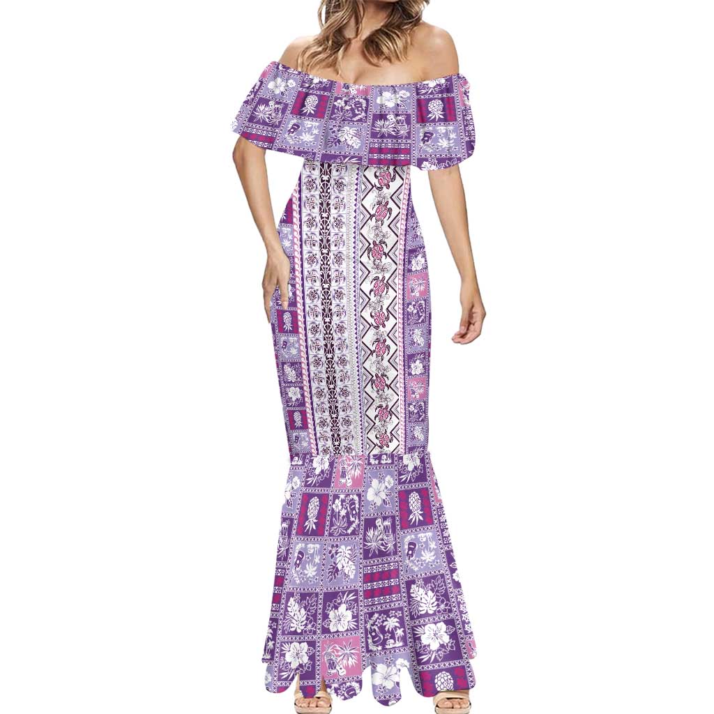 Hawaii Makahiki Turtle Mermaid Dress Violet Tapa Pattern LT05 - Polynesian Pride