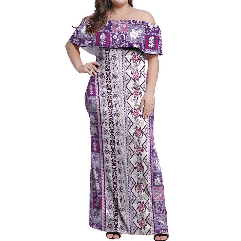 Hawaii Makahiki Turtle Off Shoulder Maxi Dress Violet Tapa Pattern LT05 Women Violet - Polynesian Pride