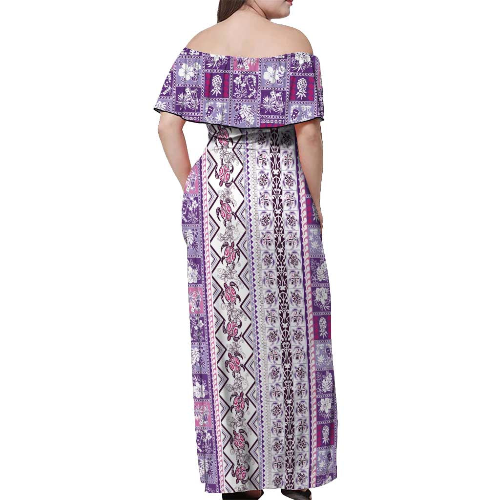 Hawaii Makahiki Turtle Off Shoulder Maxi Dress Violet Tapa Pattern LT05 - Polynesian Pride