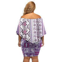 Hawaii Makahiki Turtle Off Shoulder Short Dress Violet Tapa Pattern LT05 - Polynesian Pride