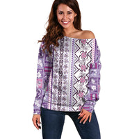 Hawaii Makahiki Turtle Off Shoulder Sweater Violet Tapa Pattern LT05 Women Violet - Polynesian Pride