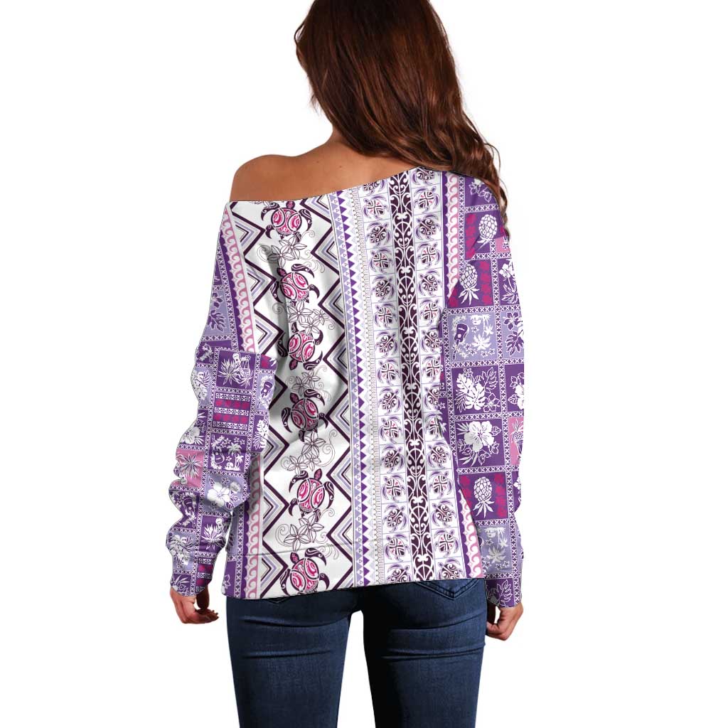 Hawaii Makahiki Turtle Off Shoulder Sweater Violet Tapa Pattern LT05 - Polynesian Pride