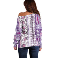 Hawaii Makahiki Turtle Off Shoulder Sweater Violet Tapa Pattern LT05 - Polynesian Pride