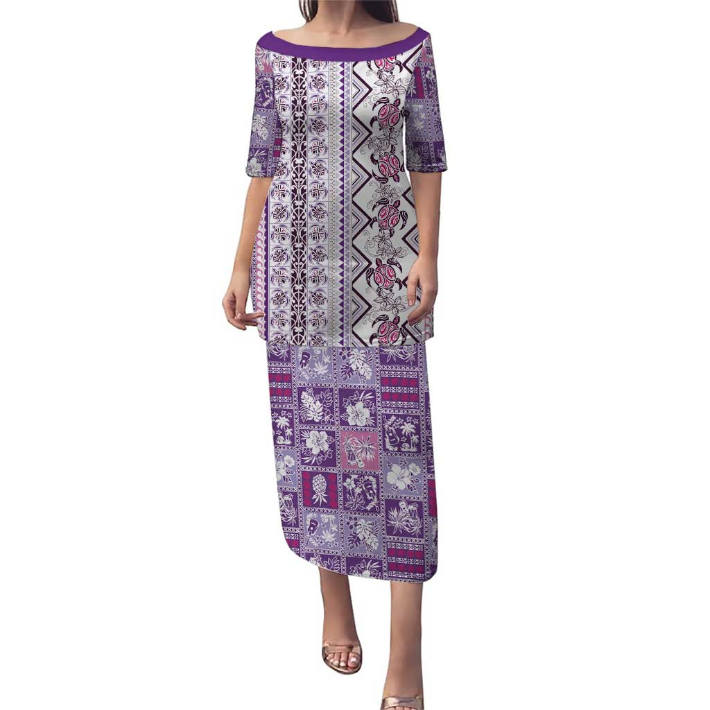 Hawaii Makahiki Turtle Puletasi Violet Tapa Pattern LT05 Long Dress Violet - Polynesian Pride