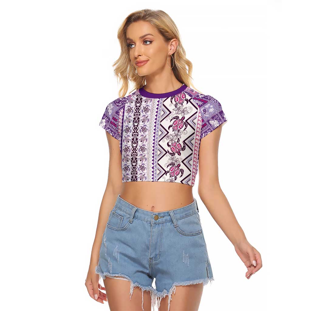 Hawaii Makahiki Turtle Raglan Cropped T Shirt Violet Tapa Pattern LT05 Female Violet - Polynesian Pride