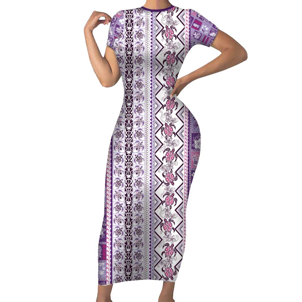 Hawaii Makahiki Turtle Short Sleeve Bodycon Dress Violet Tapa Pattern LT05 Long Dress Violet - Polynesian Pride