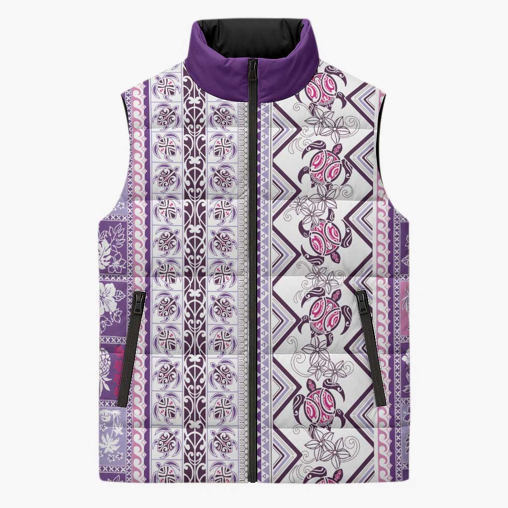 Hawaii Makahiki Turtle Sleeveless Puffer Jacket Violet Tapa Pattern LT05 Unisex Violet - Polynesian Pride