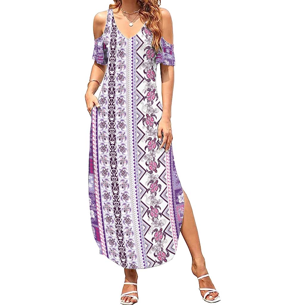 Hawaii Makahiki Turtle Summer Maxi Dress Violet Tapa Pattern LT05 Women Violet - Polynesian Pride