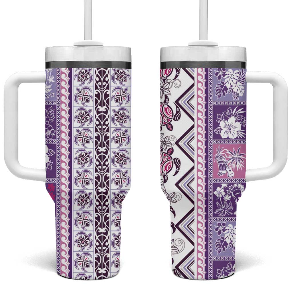 Hawaii Makahiki Turtle Tumbler With Handle Violet Tapa Pattern LT05 One Size: 40 oz Violet - Polynesian Pride