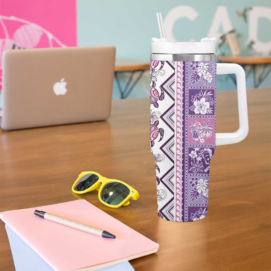 Hawaii Makahiki Turtle Tumbler With Handle Violet Tapa Pattern LT05 - Polynesian Pride