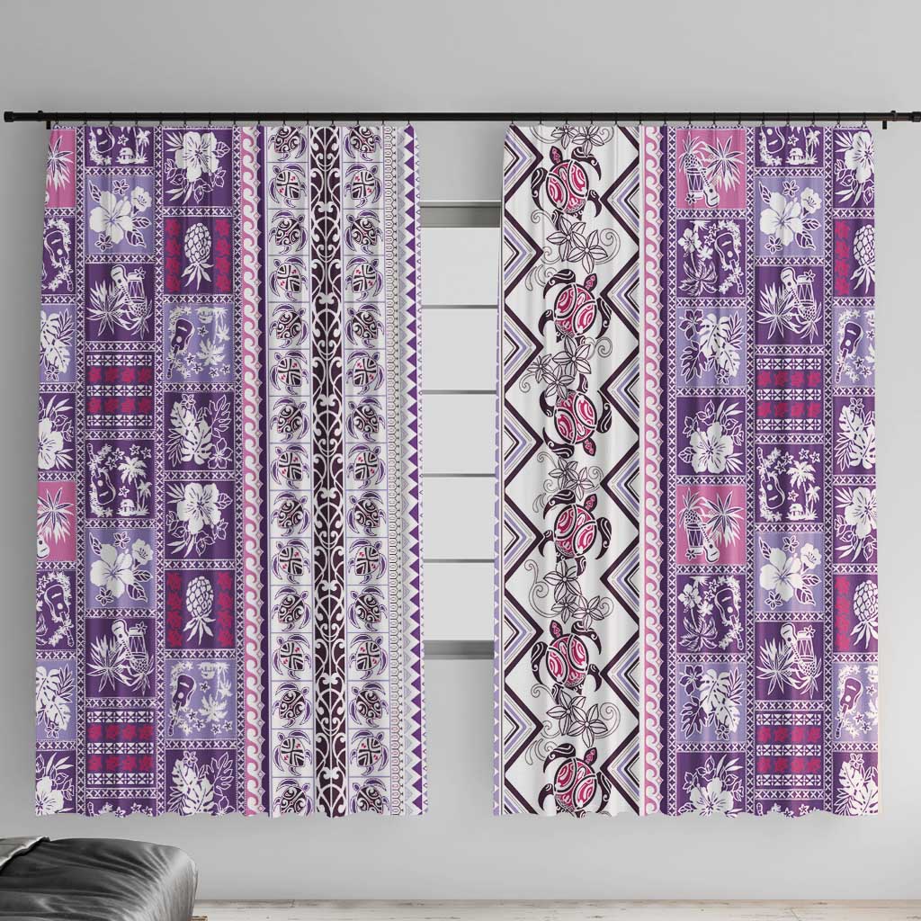 Hawaii Makahiki Turtle Window Curtain Violet Tapa Pattern LT05 With Hooks Violet - Polynesian Pride