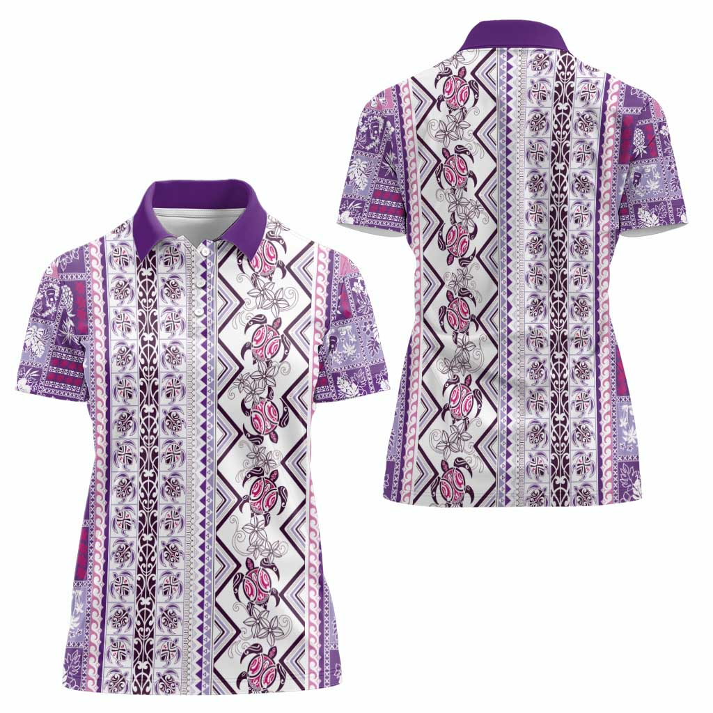 Hawaii Makahiki Turtle Women Polo Shirt Violet Tapa Pattern LT05 - Polynesian Pride
