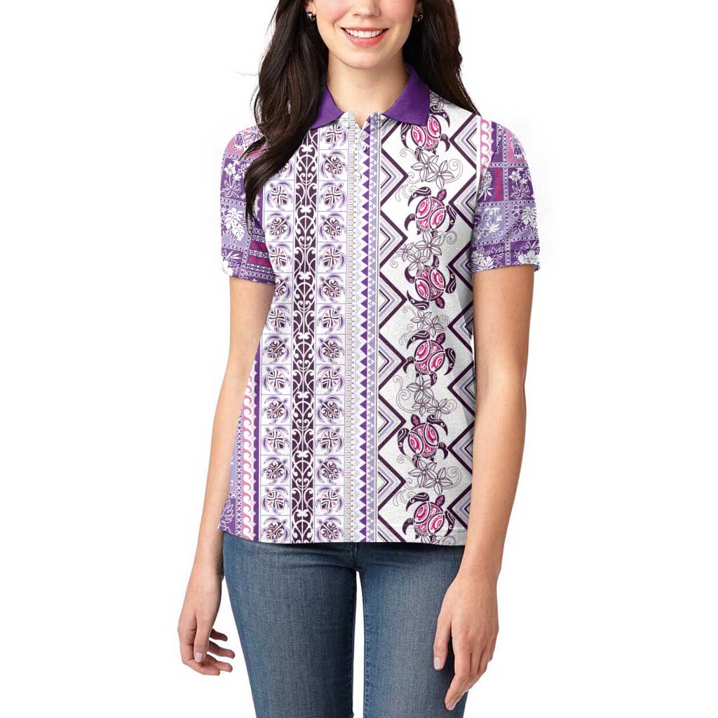 Hawaii Makahiki Turtle Women Polo Shirt Violet Tapa Pattern LT05 - Polynesian Pride
