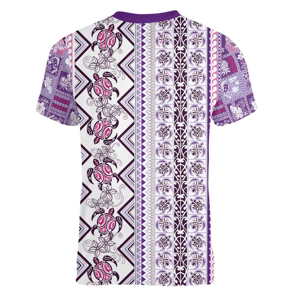 Hawaii Makahiki Turtle Women V-Neck T-Shirt Violet Tapa Pattern LT05 - Polynesian Pride