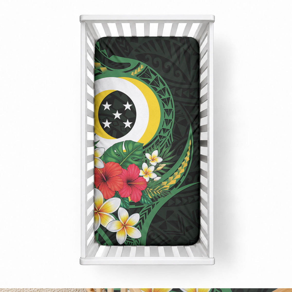 Solomon Islands Western Province Baby Bed Cover Polynesian Pattern With Tropical Flowers LT05 28 × 52 in Green - Polynesian Pride