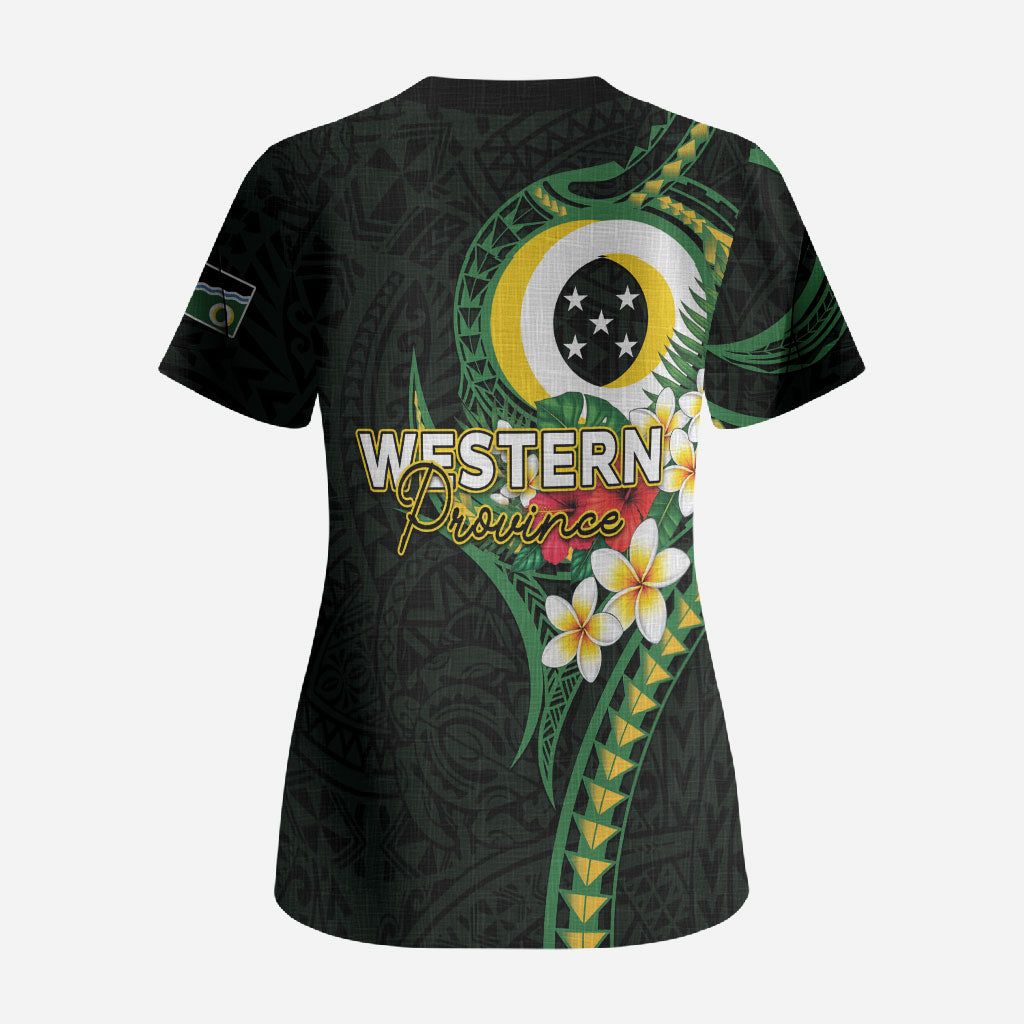 Solomon Islands Western Province Scrub Top Polynesian Pattern With Tropical Flowers LT05 - Polynesian Pride
