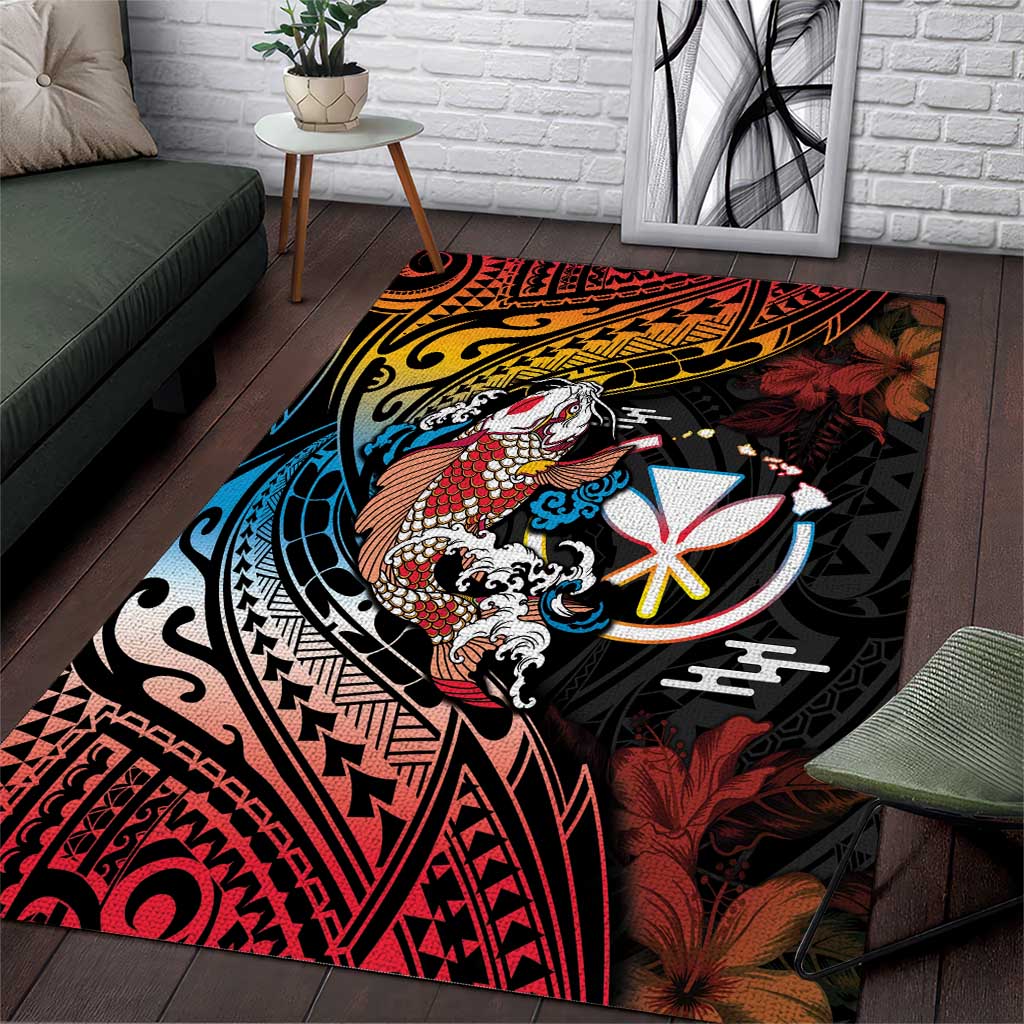 Hawaii And Japan Area Rug Koi Fish With Kanaka Maoli LT05 Black - Polynesian Pride