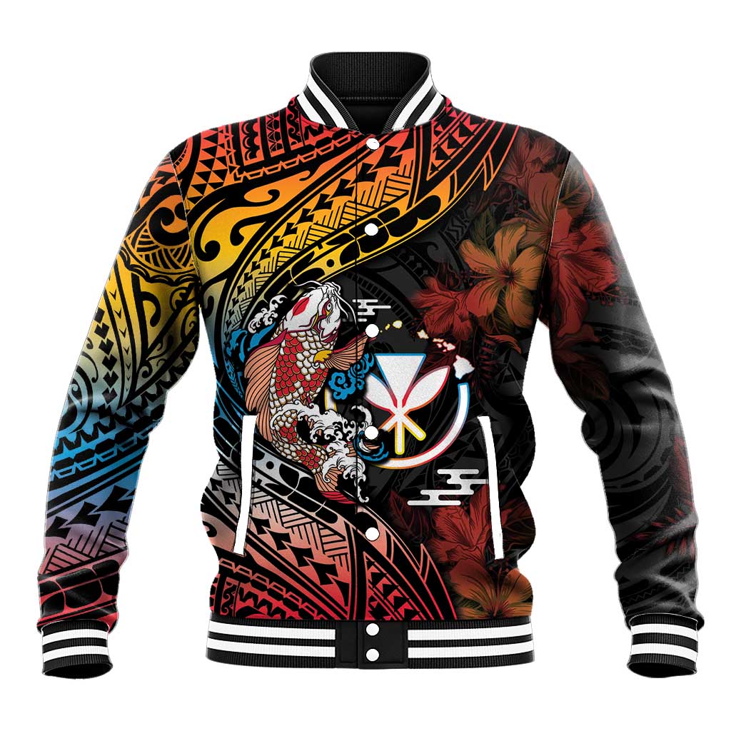 Hawaii And Japan Baseball Jacket Koi Fish With Kanaka Maoli LT05 Unisex Black - Polynesian Pride