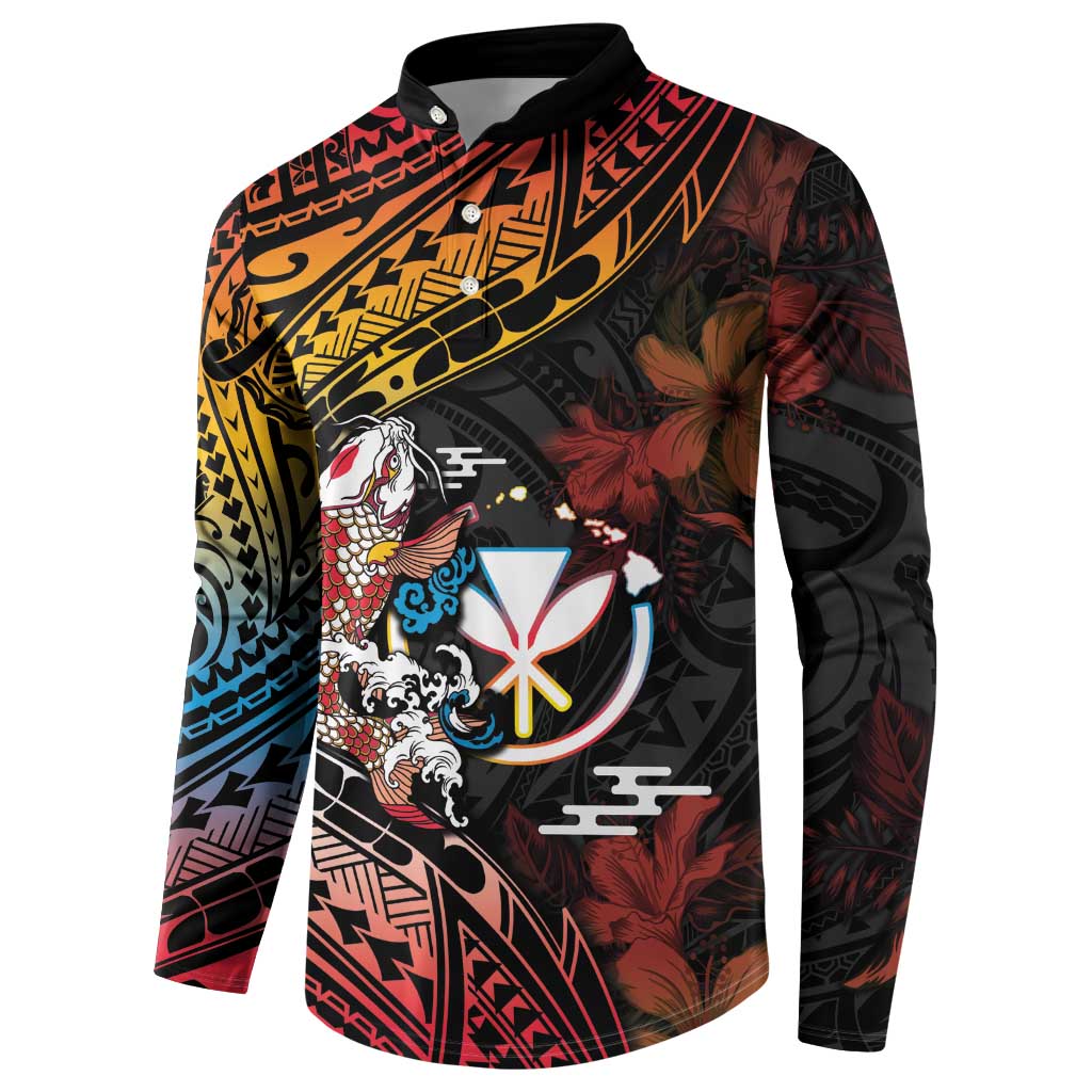 Hawaii And Japan Button Sweatshirt Koi Fish With Kanaka Maoli LT05 - Polynesian Pride