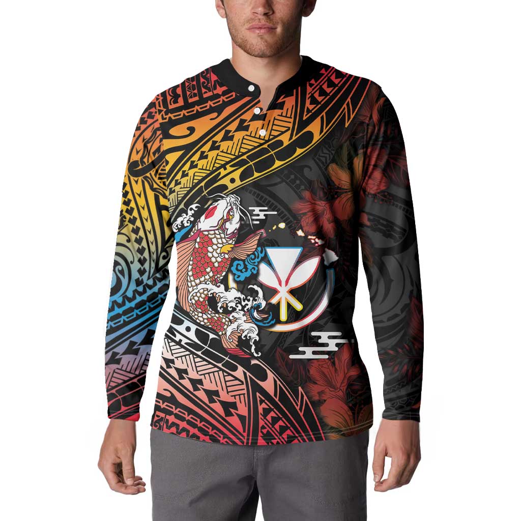 Hawaii And Japan Button Sweatshirt Koi Fish With Kanaka Maoli LT05 - Polynesian Pride