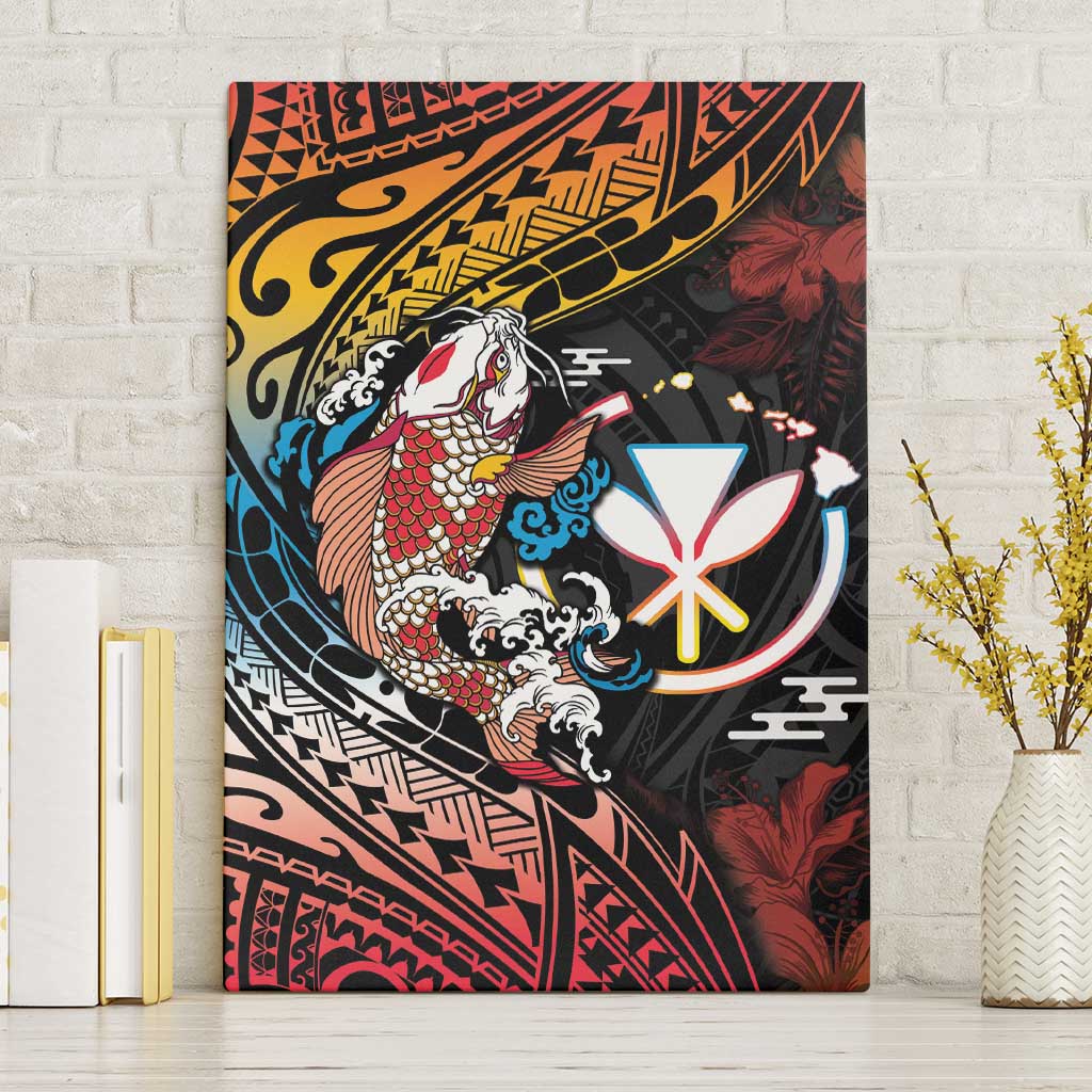 Hawaii And Japan Canvas Wall Art Koi Fish With Kanaka Maoli LT05 Without Frame Black - Polynesian Pride