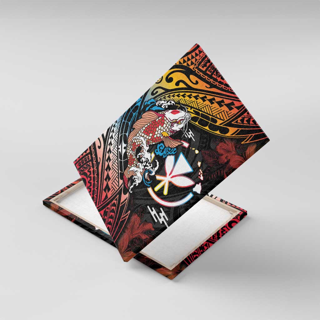 Hawaii And Japan Canvas Wall Art Koi Fish With Kanaka Maoli LT05 With Frame Black - Polynesian Pride