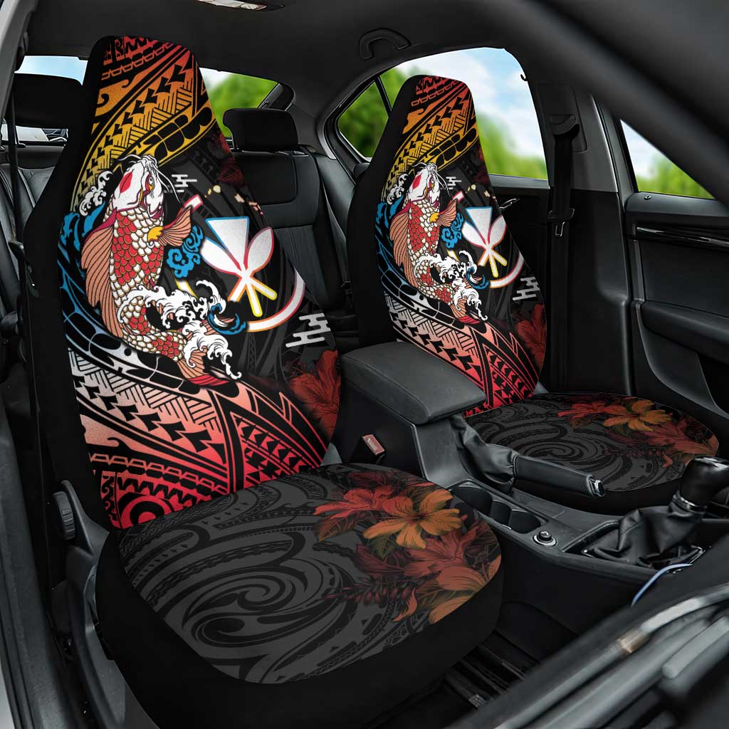 Hawaii And Japan Car Seat Cover Koi Fish With Kanaka Maoli LT05 One Size Black - Polynesian Pride