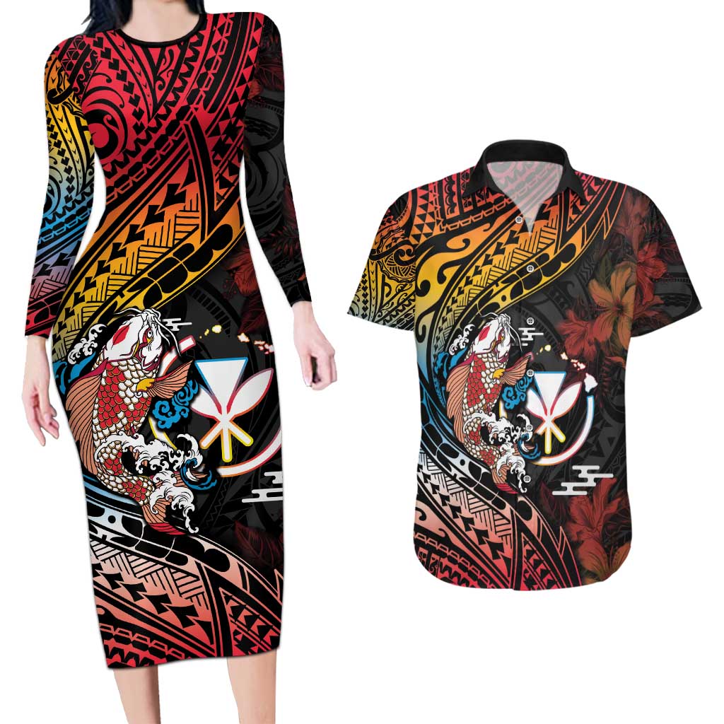 Hawaii And Japan Couples Matching Long Sleeve Bodycon Dress and Hawaiian Shirt Koi Fish With Kanaka Maoli