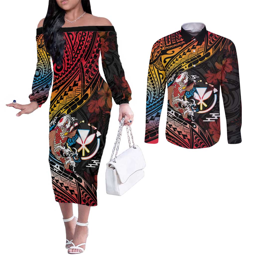 Hawaii And Japan Couples Matching Off The Shoulder Long Sleeve Dress and Long Sleeve Button Shirt Koi Fish With Kanaka Maoli