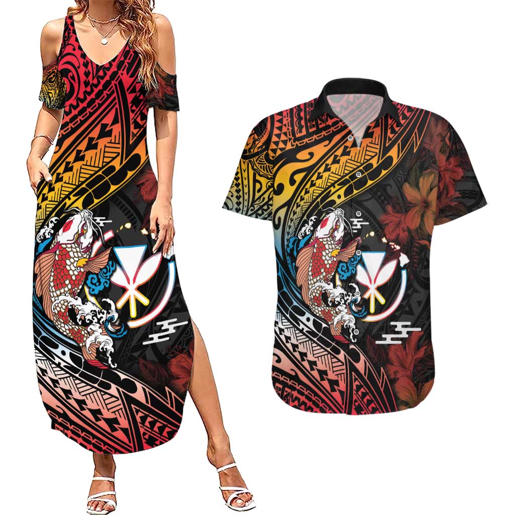 Hawaii And Japan Couples Matching Summer Maxi Dress and Hawaiian Shirt Koi Fish With Kanaka Maoli