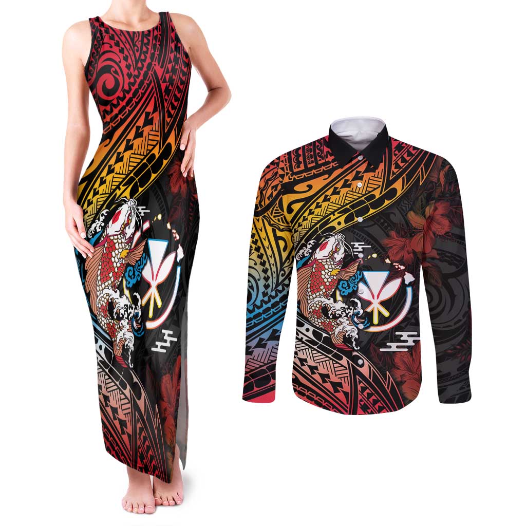 Hawaii And Japan Couples Matching Tank Maxi Dress and Long Sleeve Button Shirt Koi Fish With Kanaka Maoli