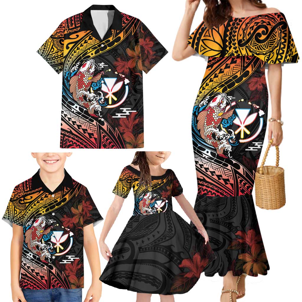 Hawaii And Japan Family Matching Mermaid Dress and Hawaiian Shirt Koi Fish With Kanaka Maoli